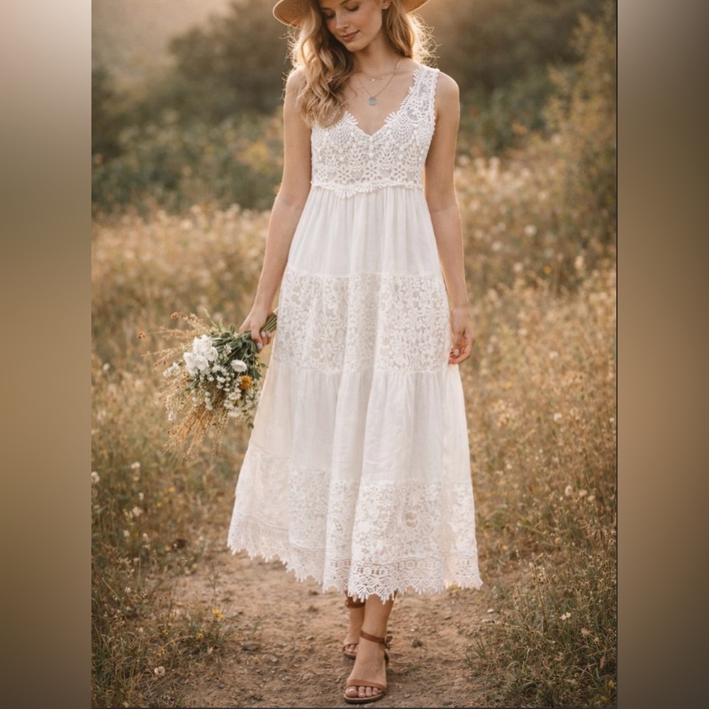 BELLA AMORE Italy Silk Blend Lace Midi Dress White Boho Romantic Tiered Bridal